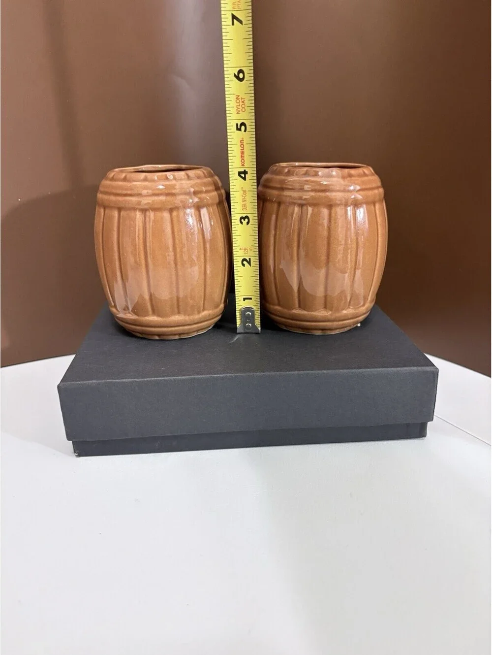 Vintage Orchids of Hawaii Brown Ceramic Rum Barrel Tiki Mugs Set of 2